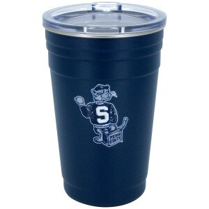 navy travel tumbler with vintage Penn State mascot with sweater and suitcase